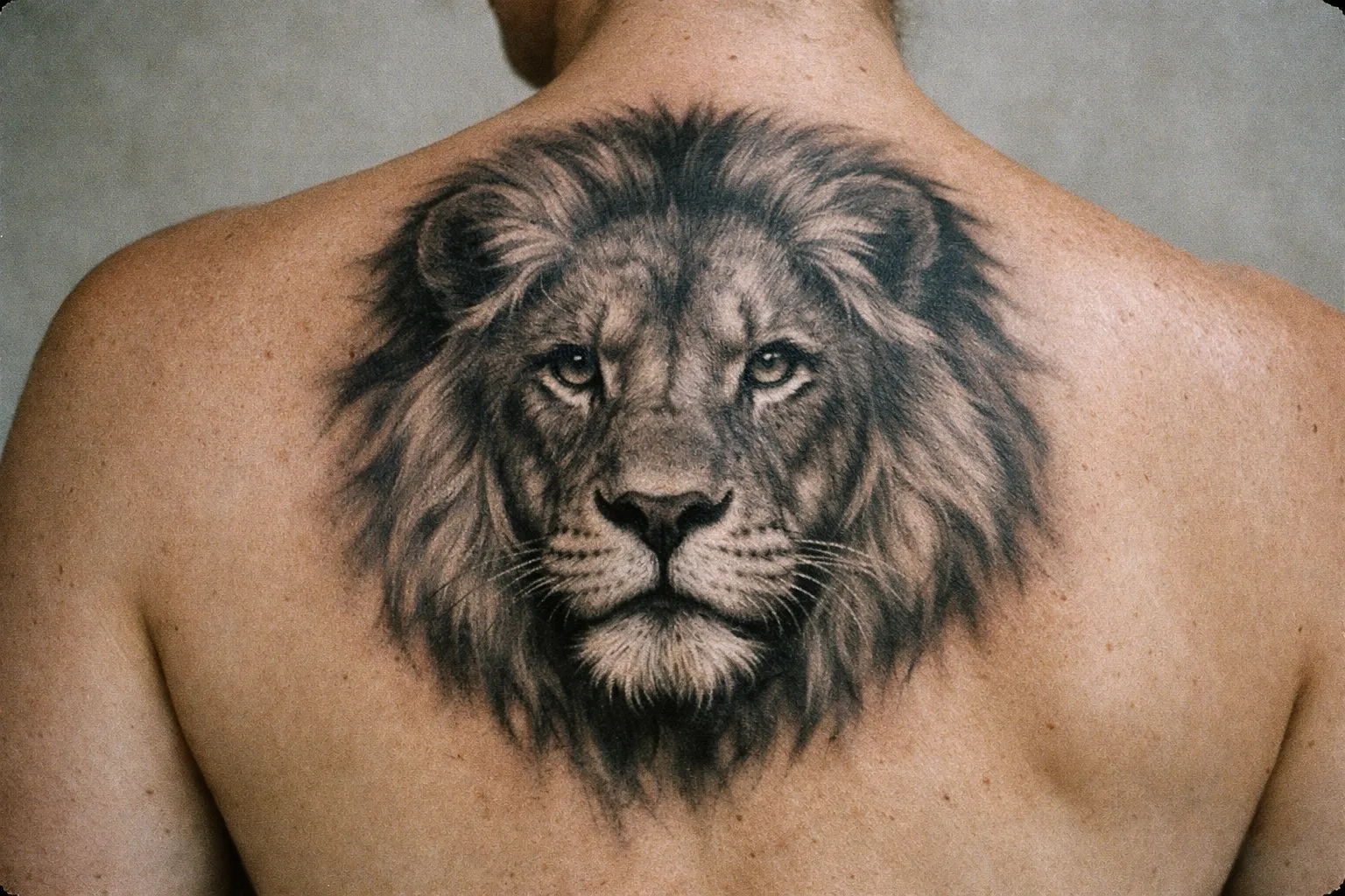 A person with a realistic lion face tattoo on their upper back.