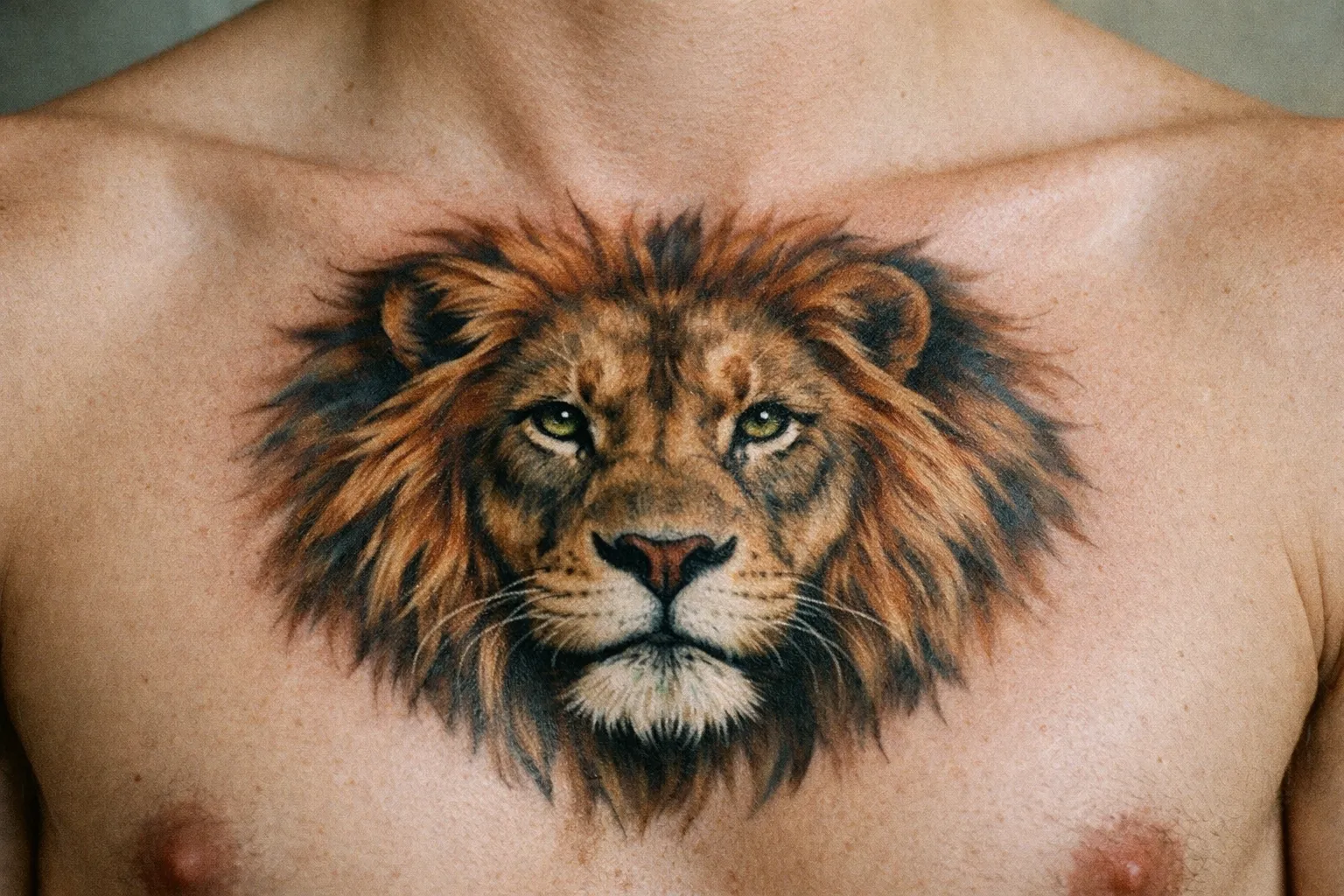 A lion head tattoo is centered on a person's bare chest.