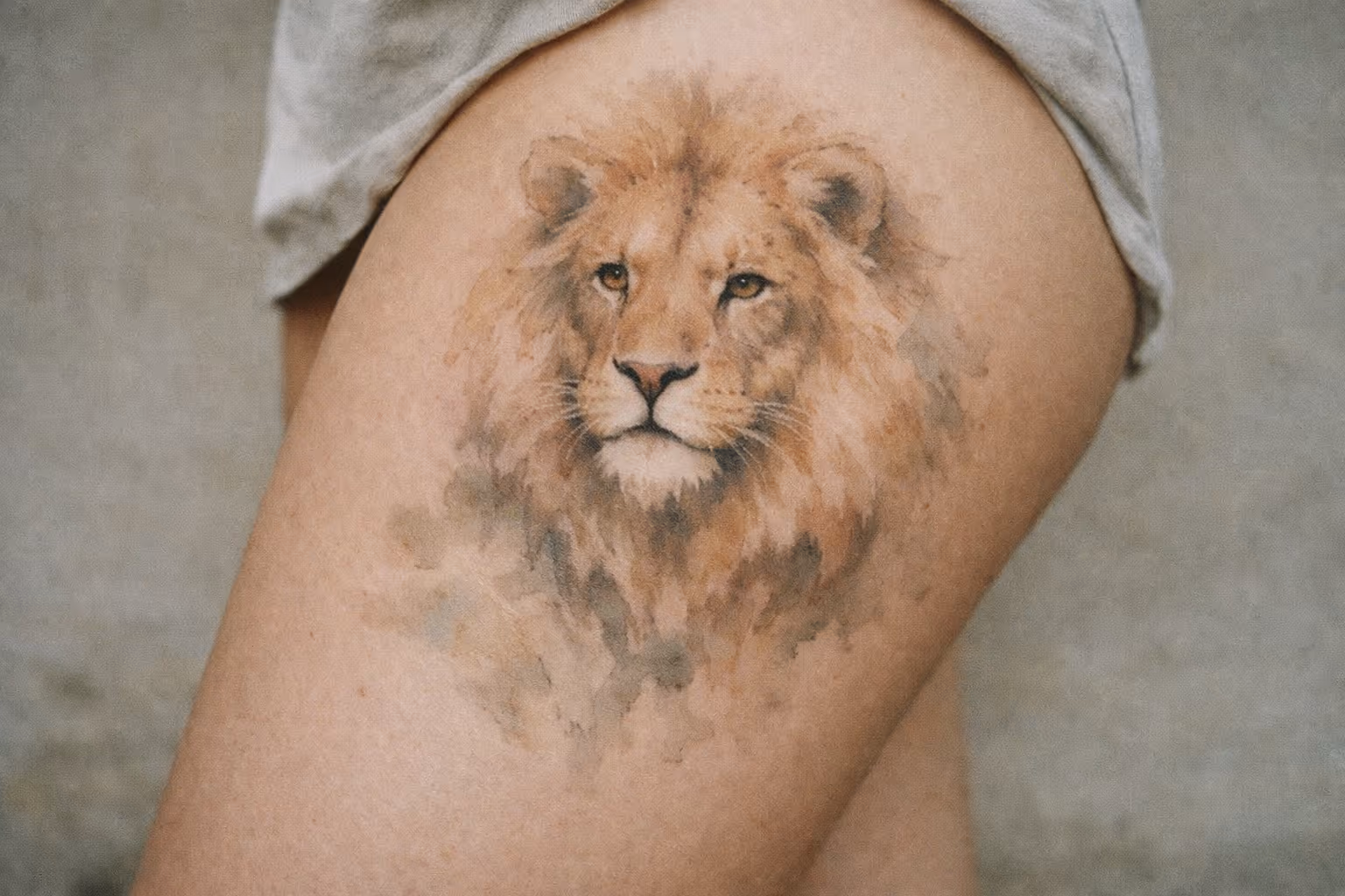 A detailed lion tattoo is displayed on a person's upper thigh.
