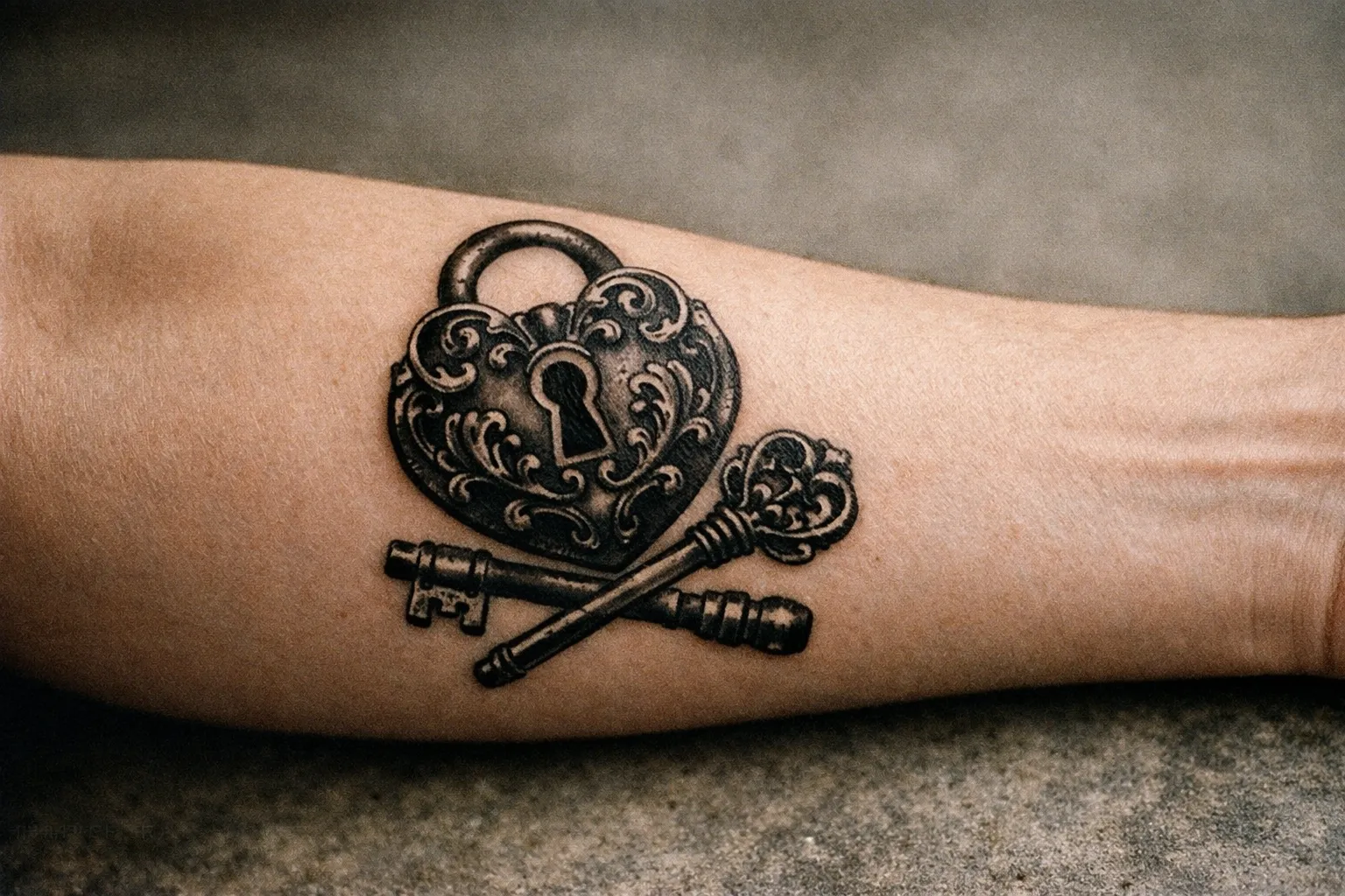 Close-up of ornate lock and key tattoo on forearm