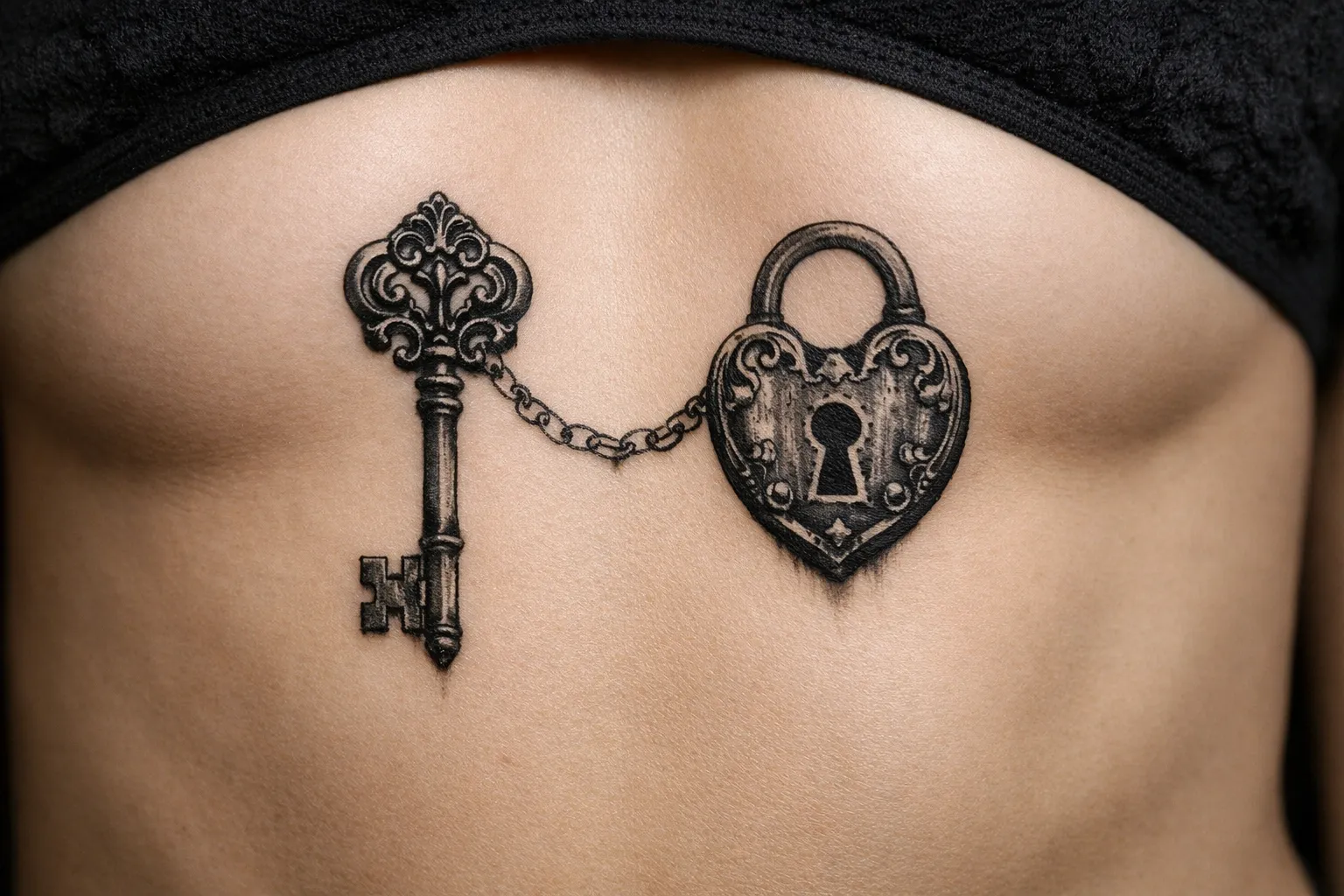 A tattoo of an ornate key and a heart-shaped padlock is inked across a person's lower chest.