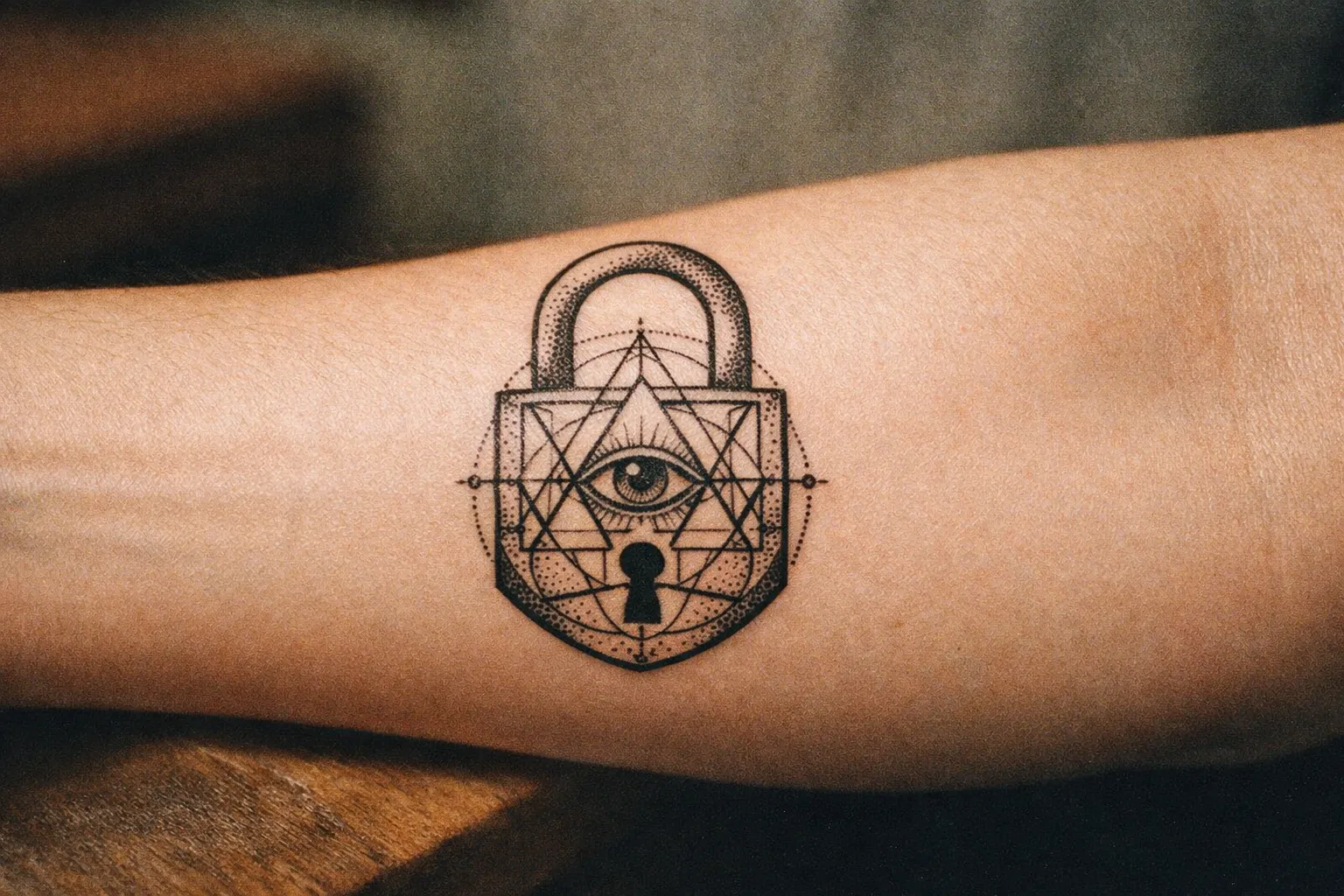 Geometric linework lock tattoo on forearm