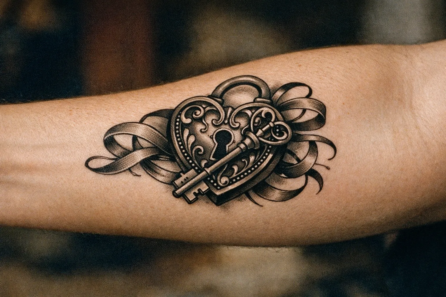 Heart-shaped lock with key motif on forearm, abstract name cue