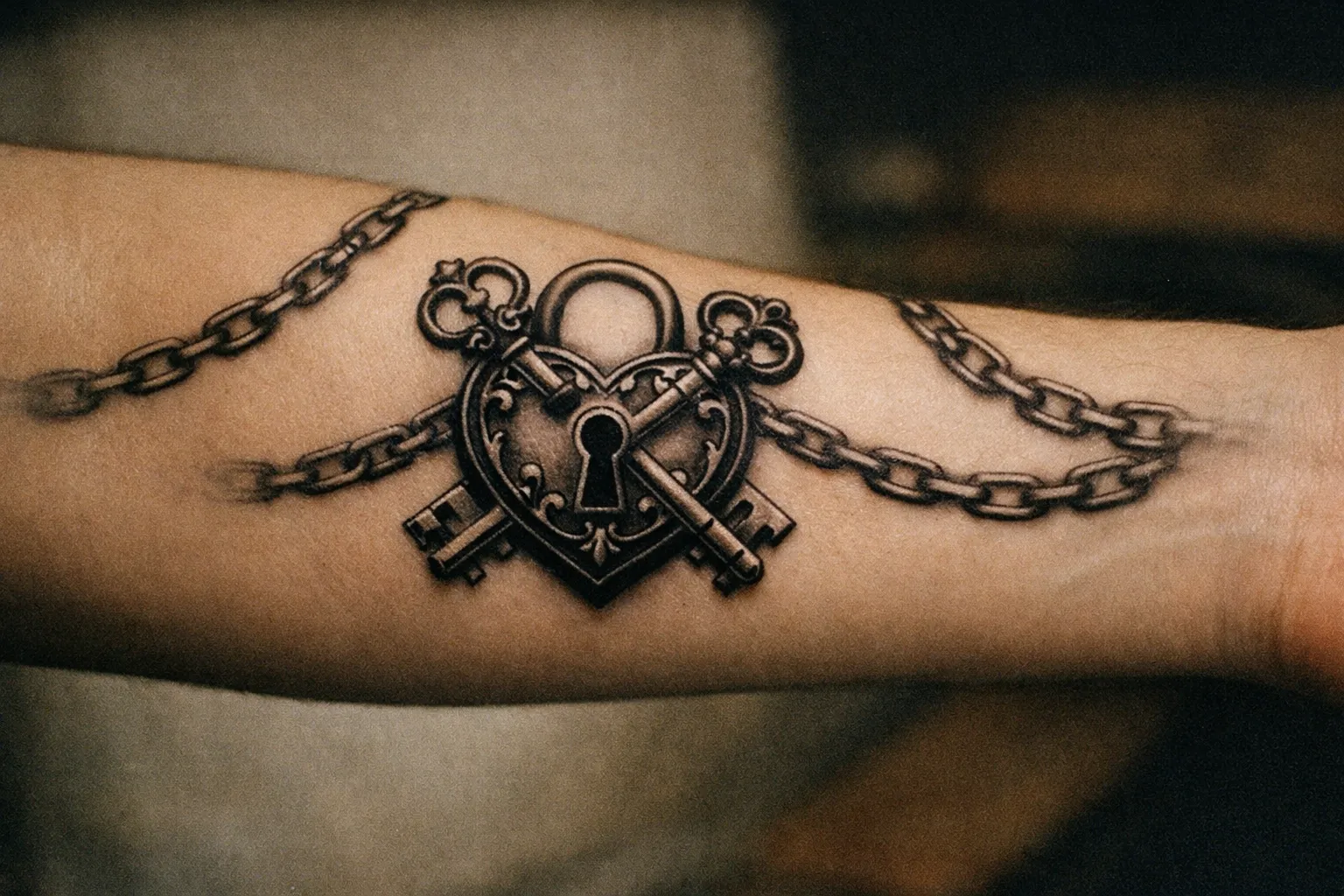Forearm tattoo of a central lock with two crossing keys to symbolize couples