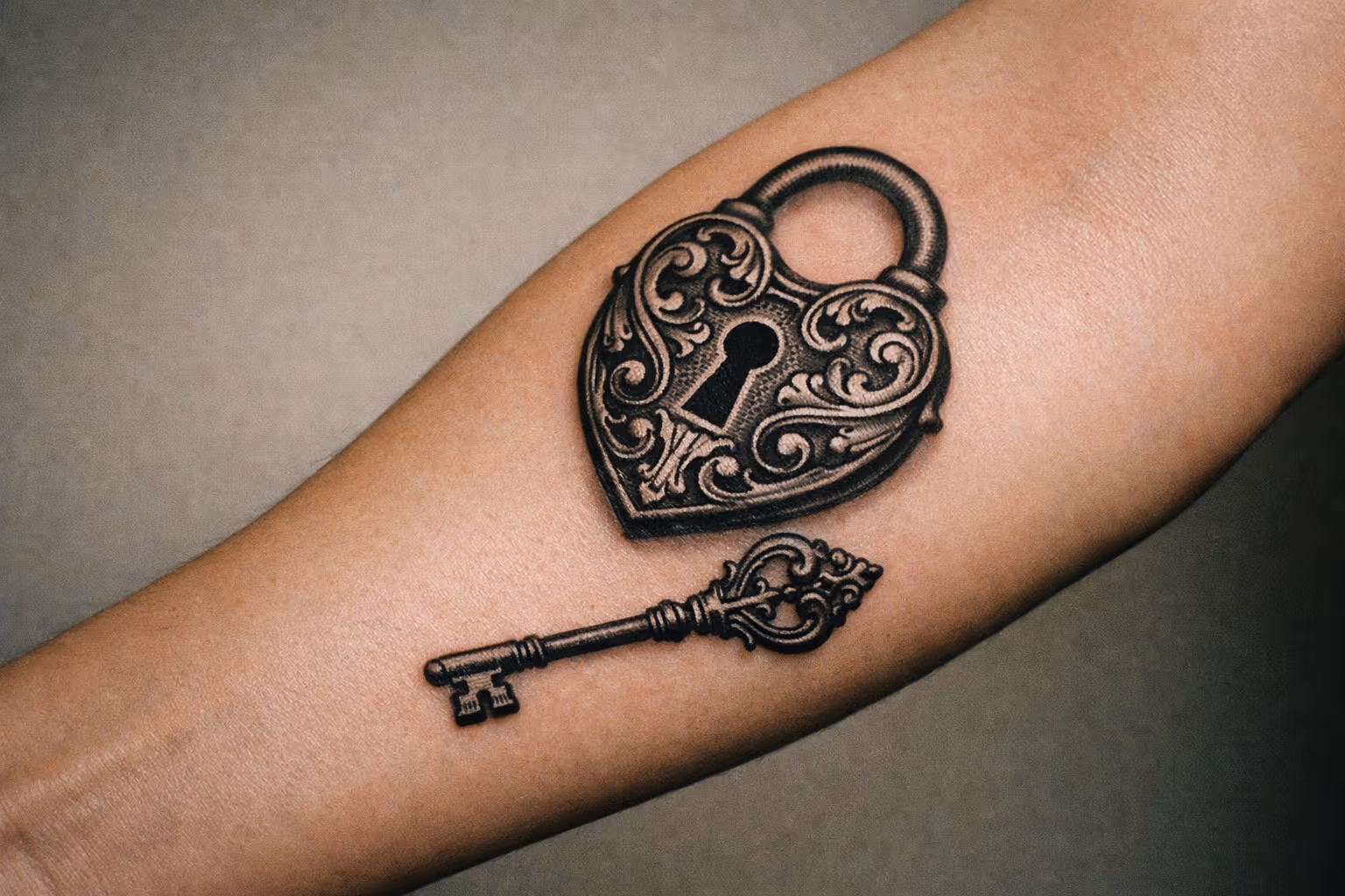 Editorial close-up of a forearm with a lock-and-key tattoo in black ink