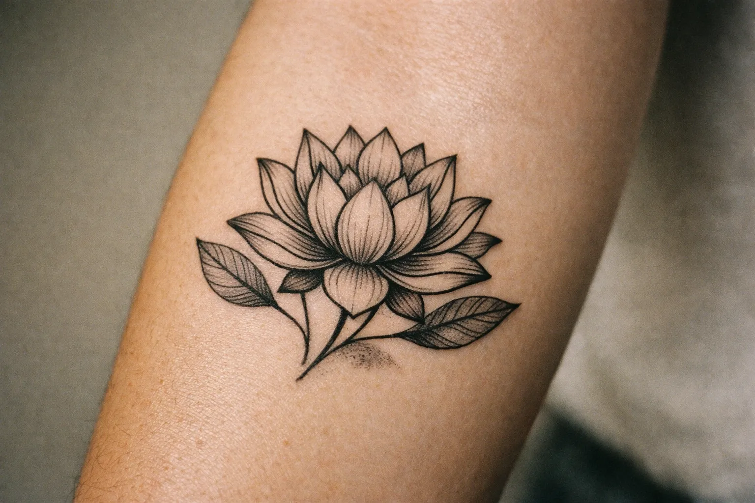 Macro shot of a forearm lotus tattoo with crisp black linework and subtle shading, illustrating cross-cultural symbolism