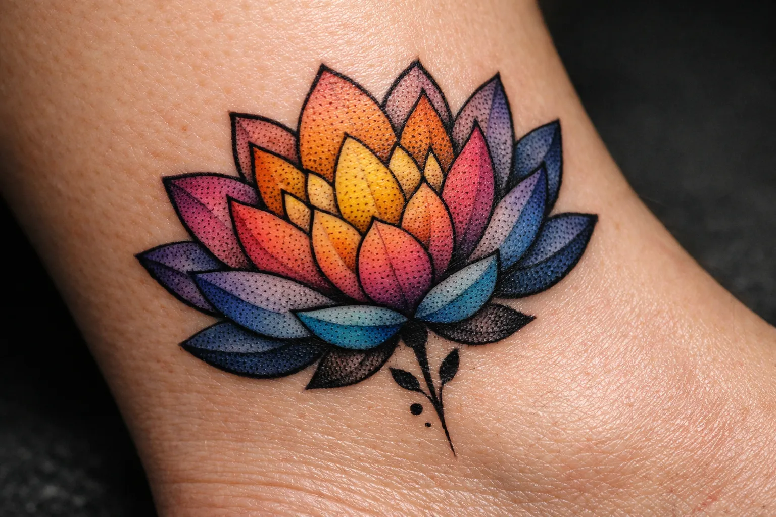 A colorful lotus flower tattoo on the top of a person's foot.