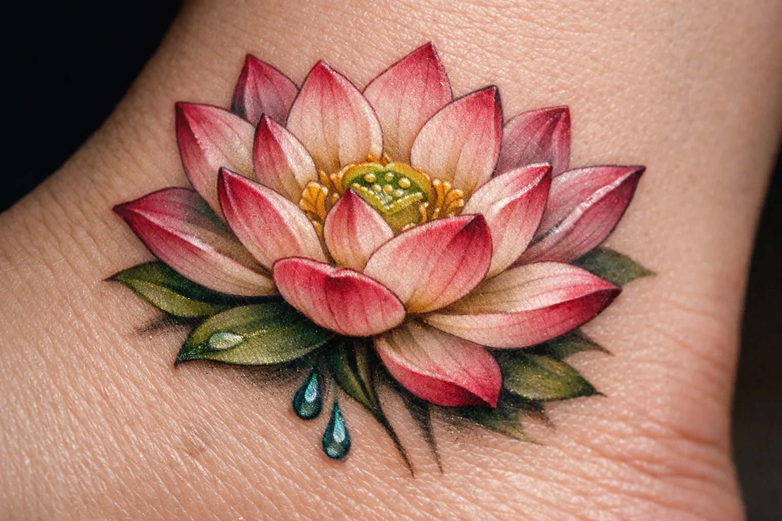A detailed lotus flower tattoo is inked on the top of a person's foot.