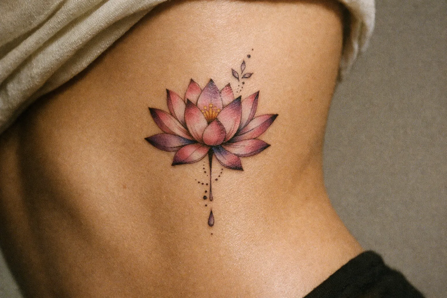 Ribcage-side lotus tattoo cropped to the tattoo area, showing placement along the ribs without a visible face