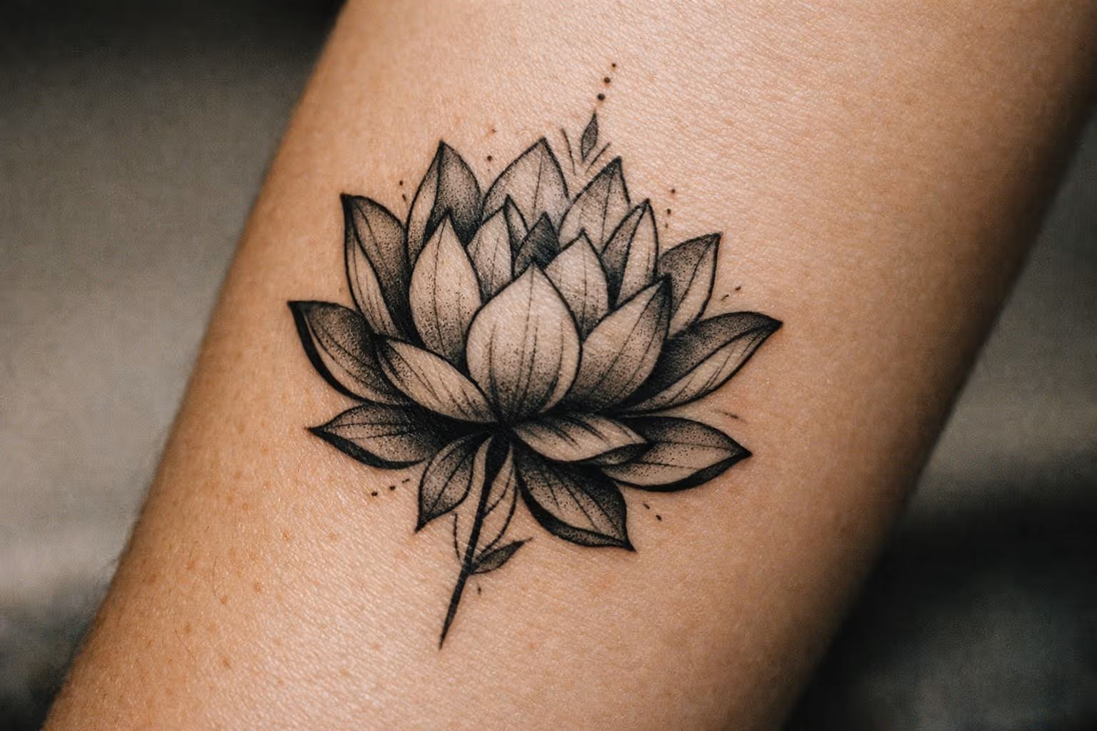 Hero macro shot of a lotus tattoo on the forearm, highlighting crisp linework and shading