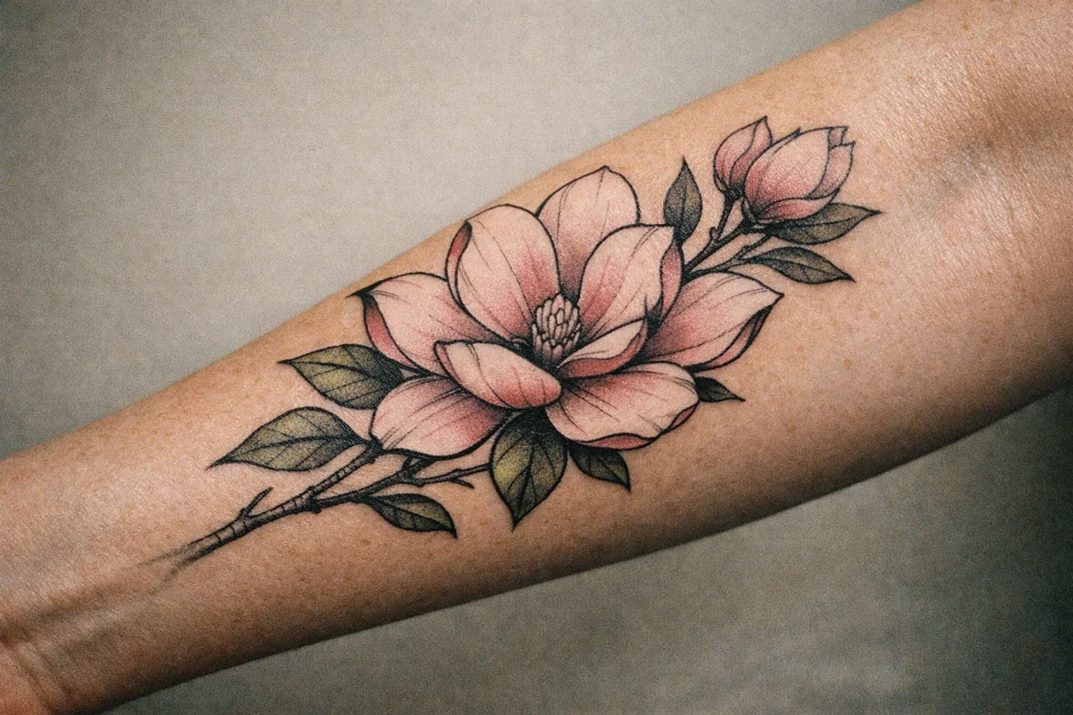 Close-up of a Southern magnolia tattoo on forearm with bold black linework and desaturated pink petals
