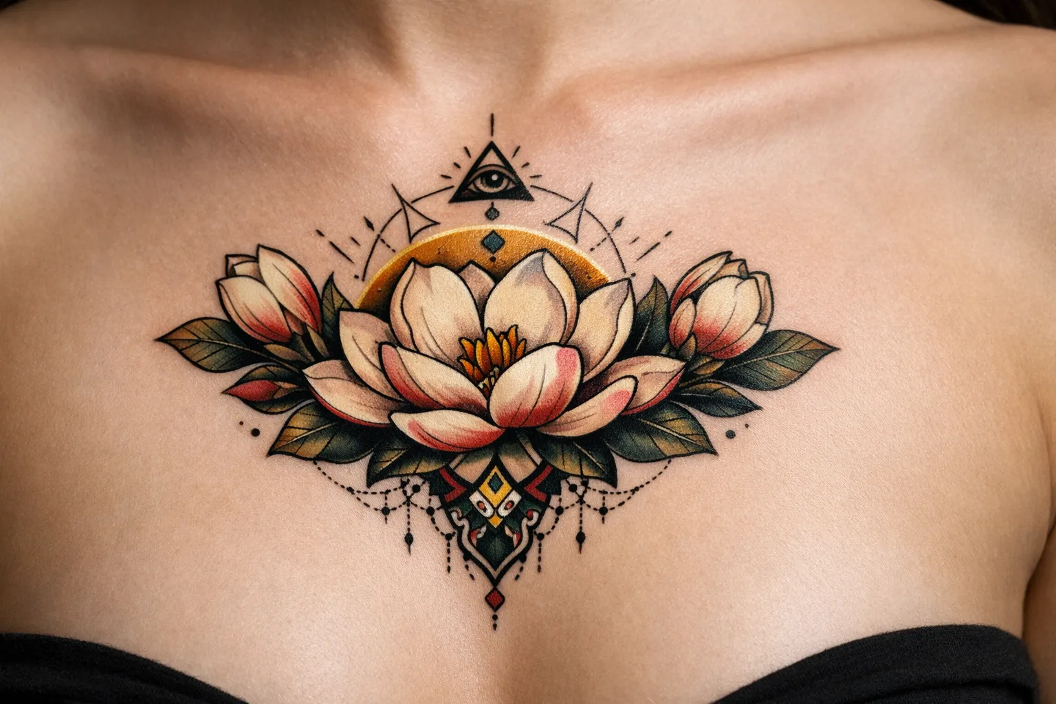 A magnolia flower tattoo with geometric designs is inked on a person's upper chest.