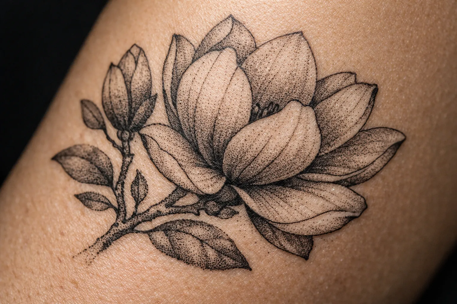 A detailed magnolia flower tattoo is inked in black on a person's skin.