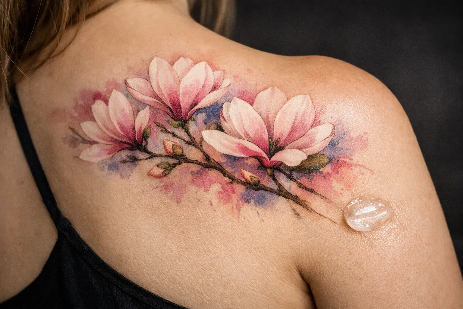 A person’s upper back with a large magnolia flower tattoo across the shoulder.