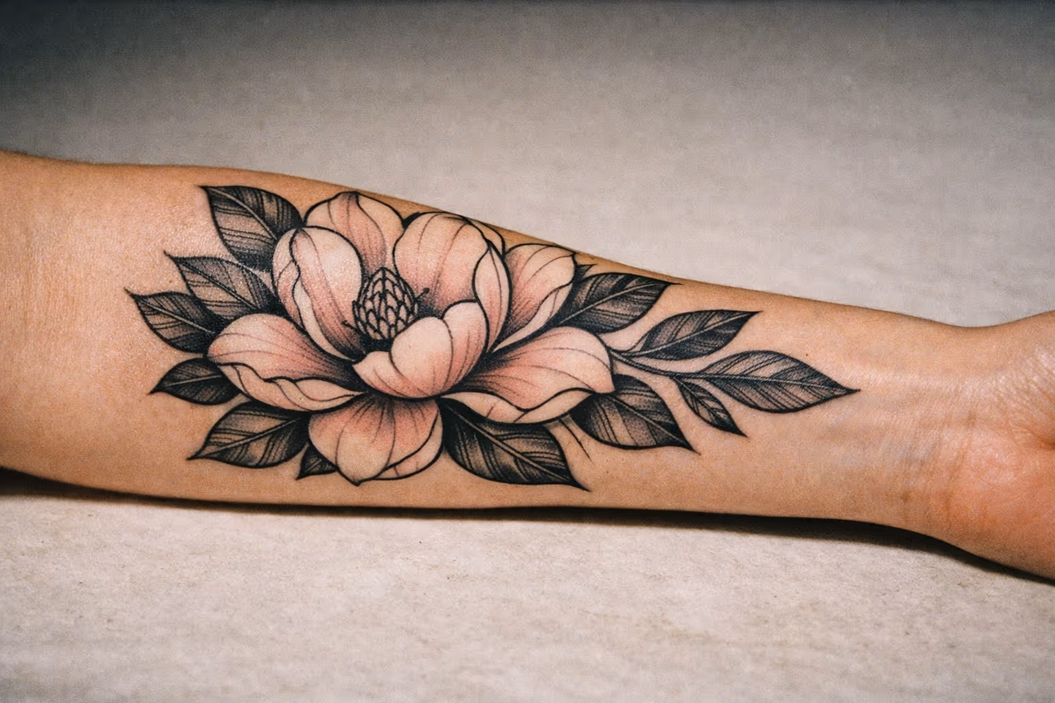 Hero magnolia tattoo on forearm in editorial close-up, clean linework and shading