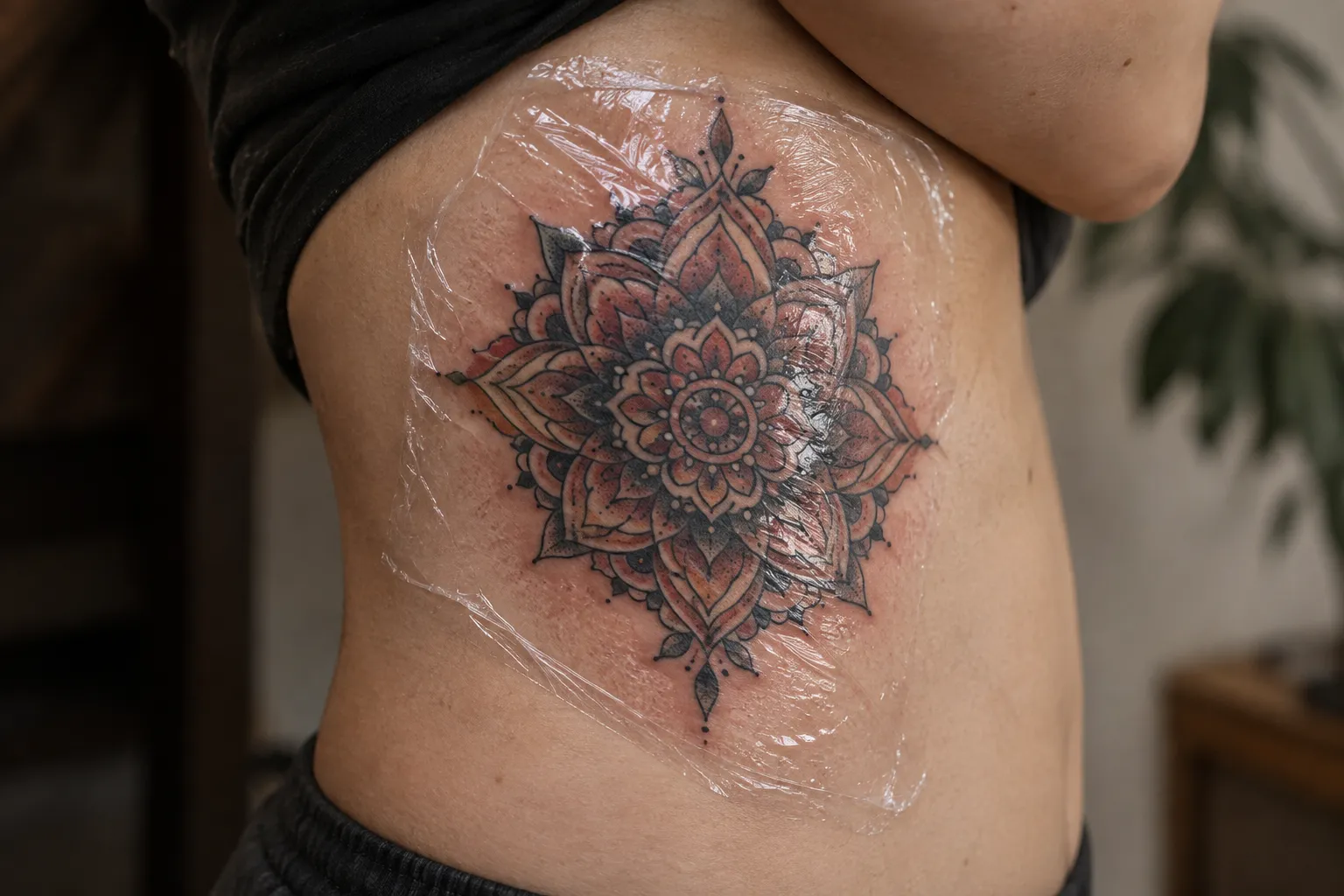 A person has a fresh mandala tattoo covered with clear film on their side.