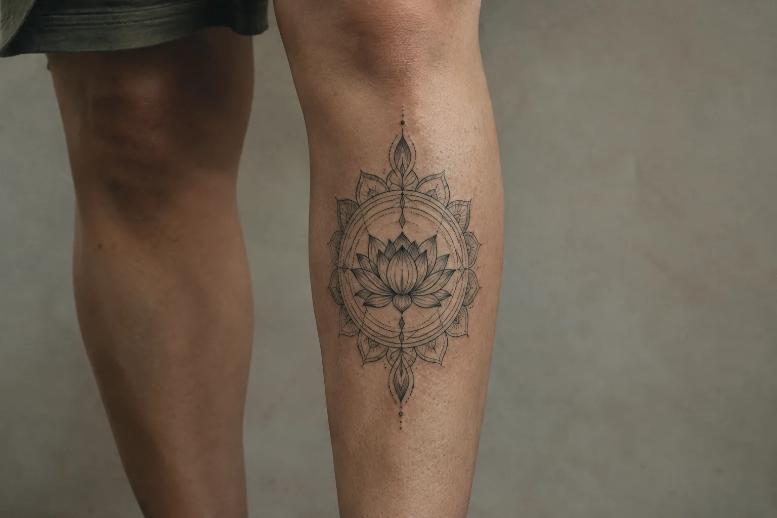 A fine-line lotus mandala tattoo on a person's lower leg, below the knee.