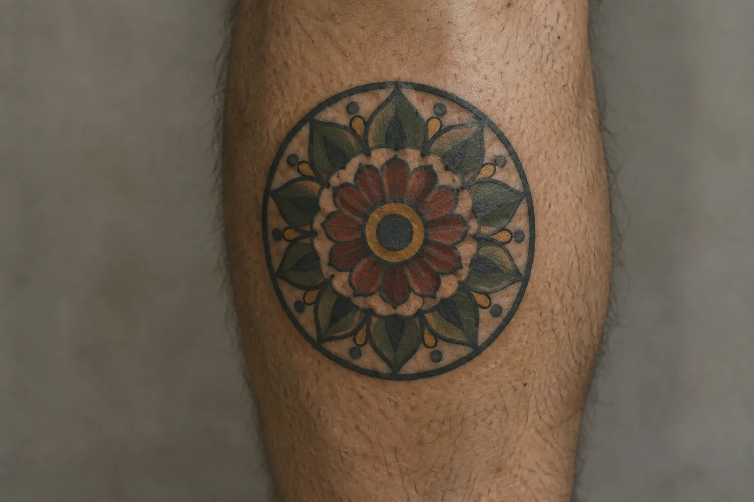 A colorful ornamental mandala tattoo on a person's lower leg.