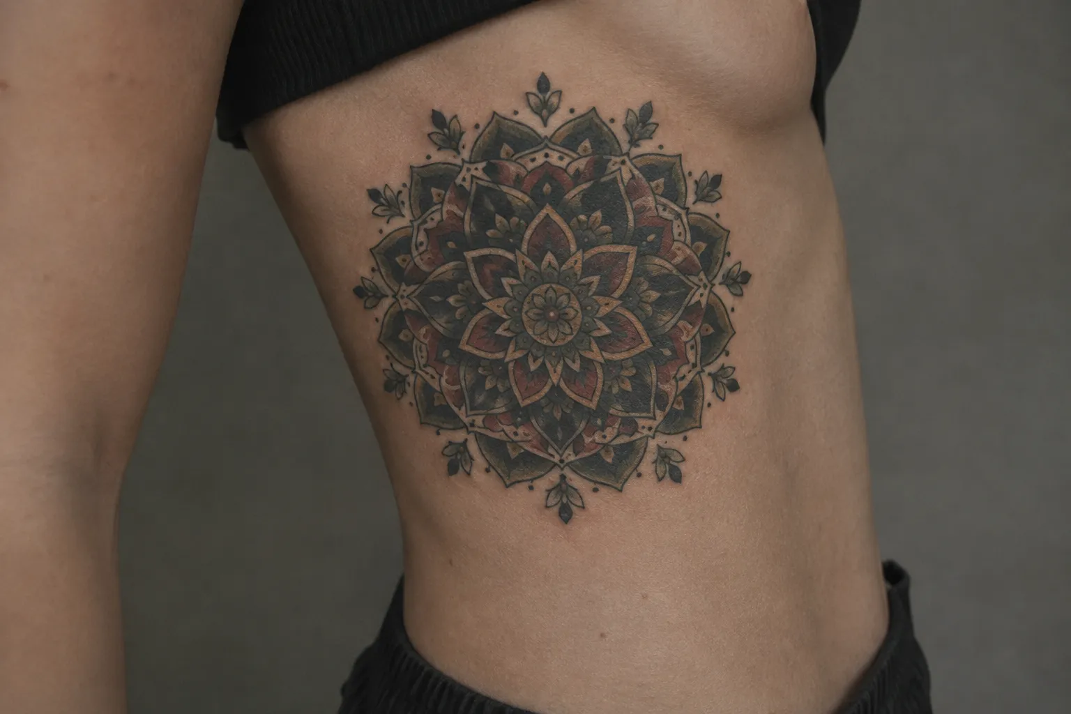 A person has a large floral mandala tattoo on their side beneath a black top.