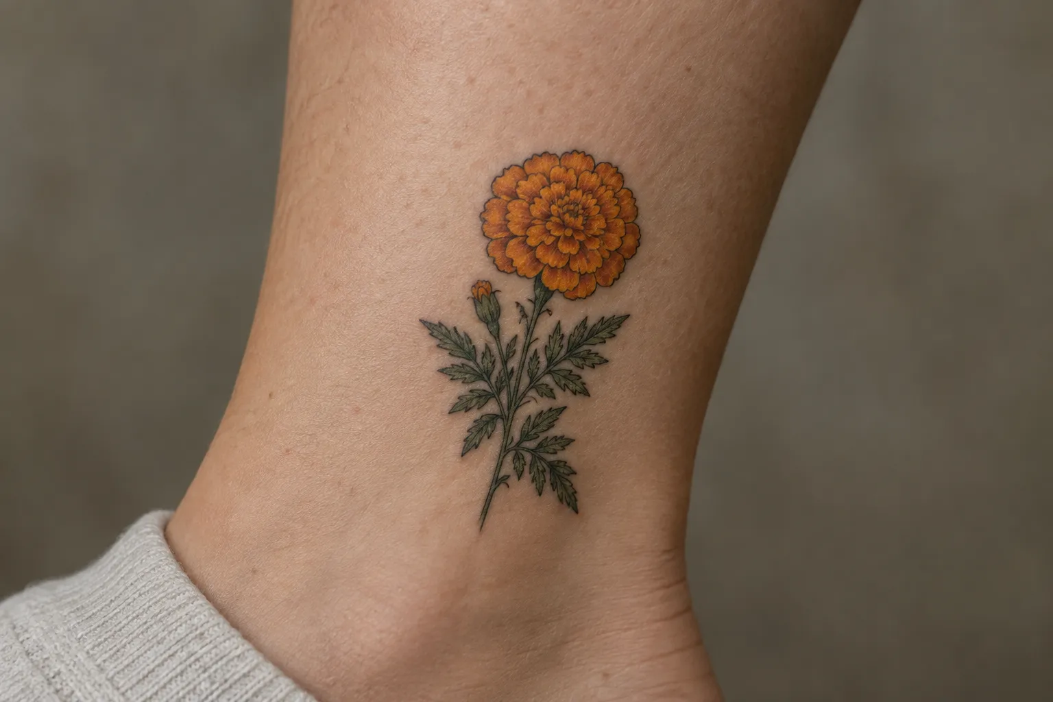 Healed small marigold tattoo on the outer ankle: a dense orange pompom bloom, fern-like leaves and a bold black outline
