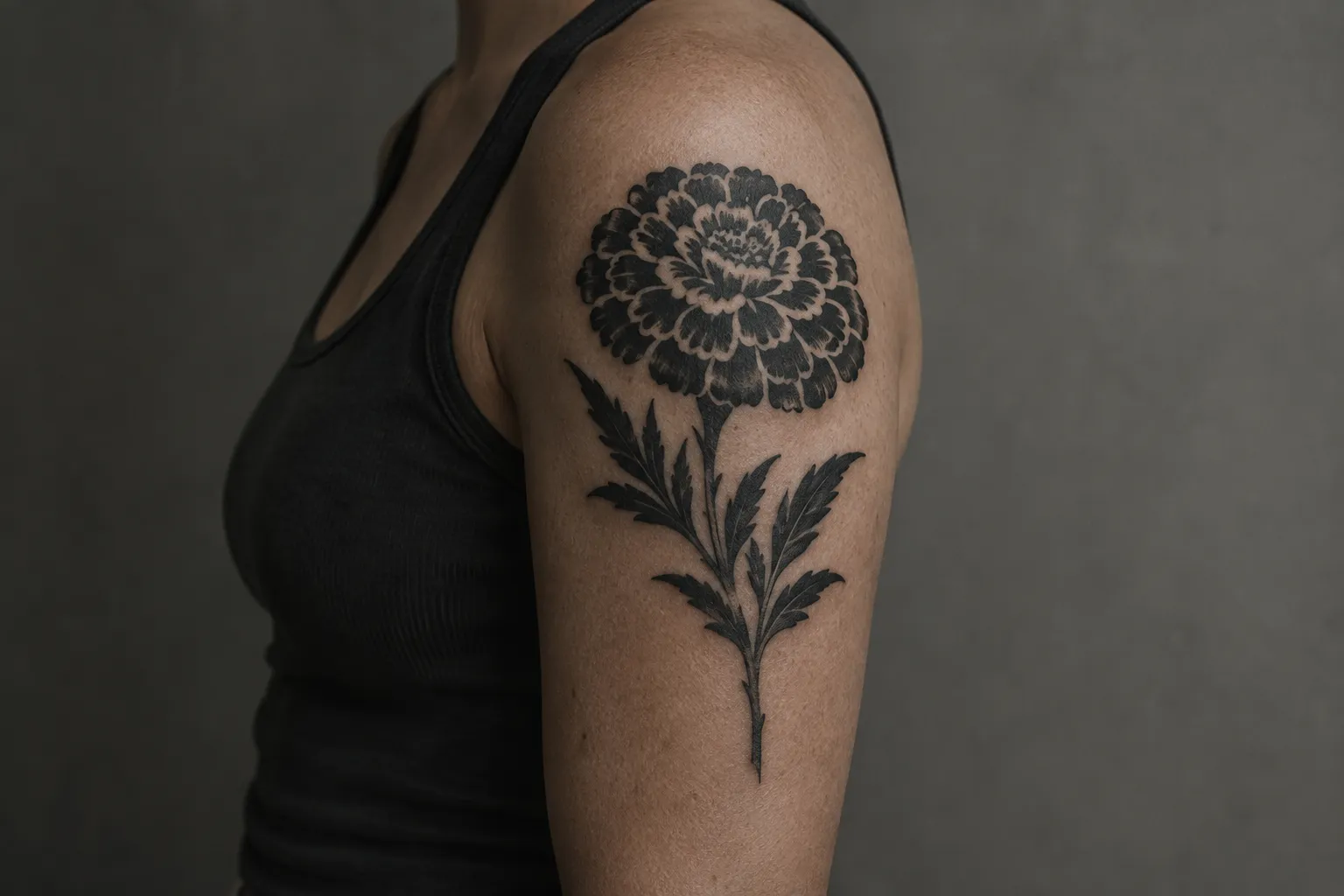 A person in a black tank top shows a large marigold tattoo on their upper arm.