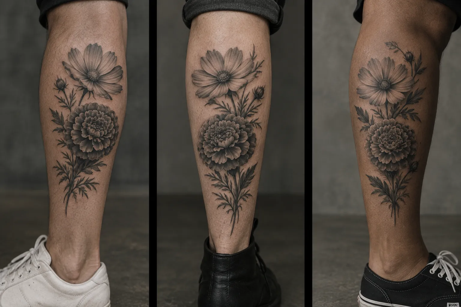 Three views of a black-and-gray marigold and cosmos tattoo on the back of the lower leg.
