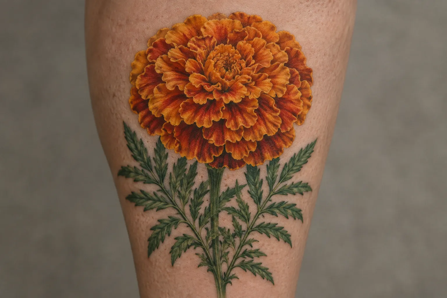 A detailed orange marigold tattoo with green stems and leaves on a person's leg.