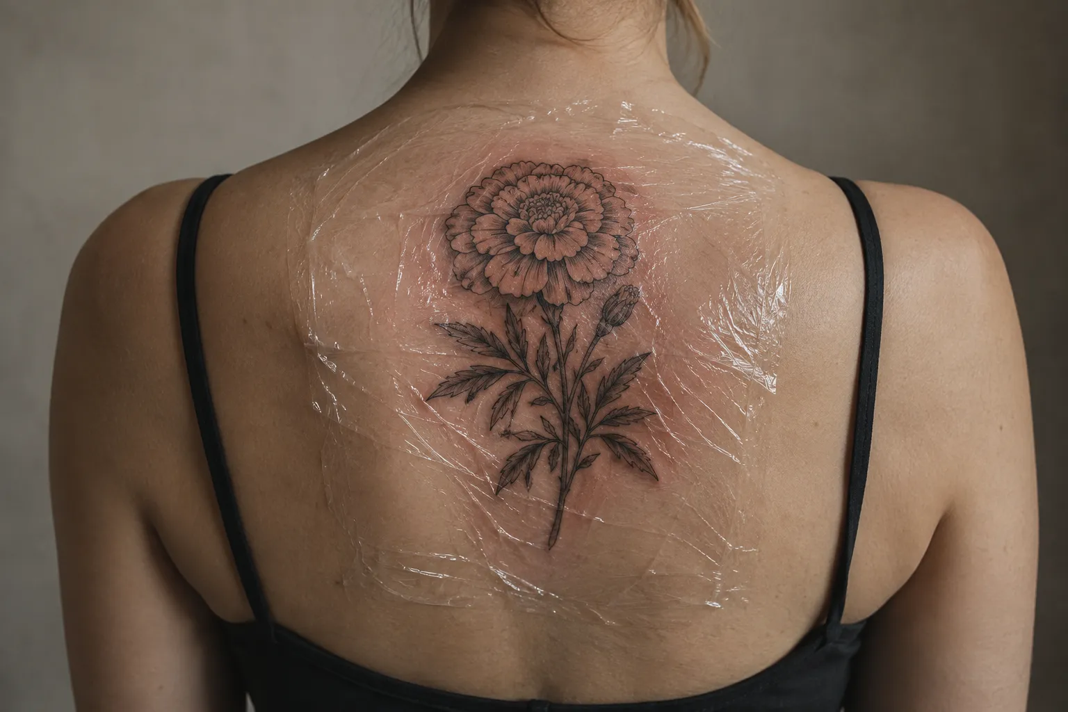 A woman has a marigold tattoo centered on her upper back beneath clear protective wrap.