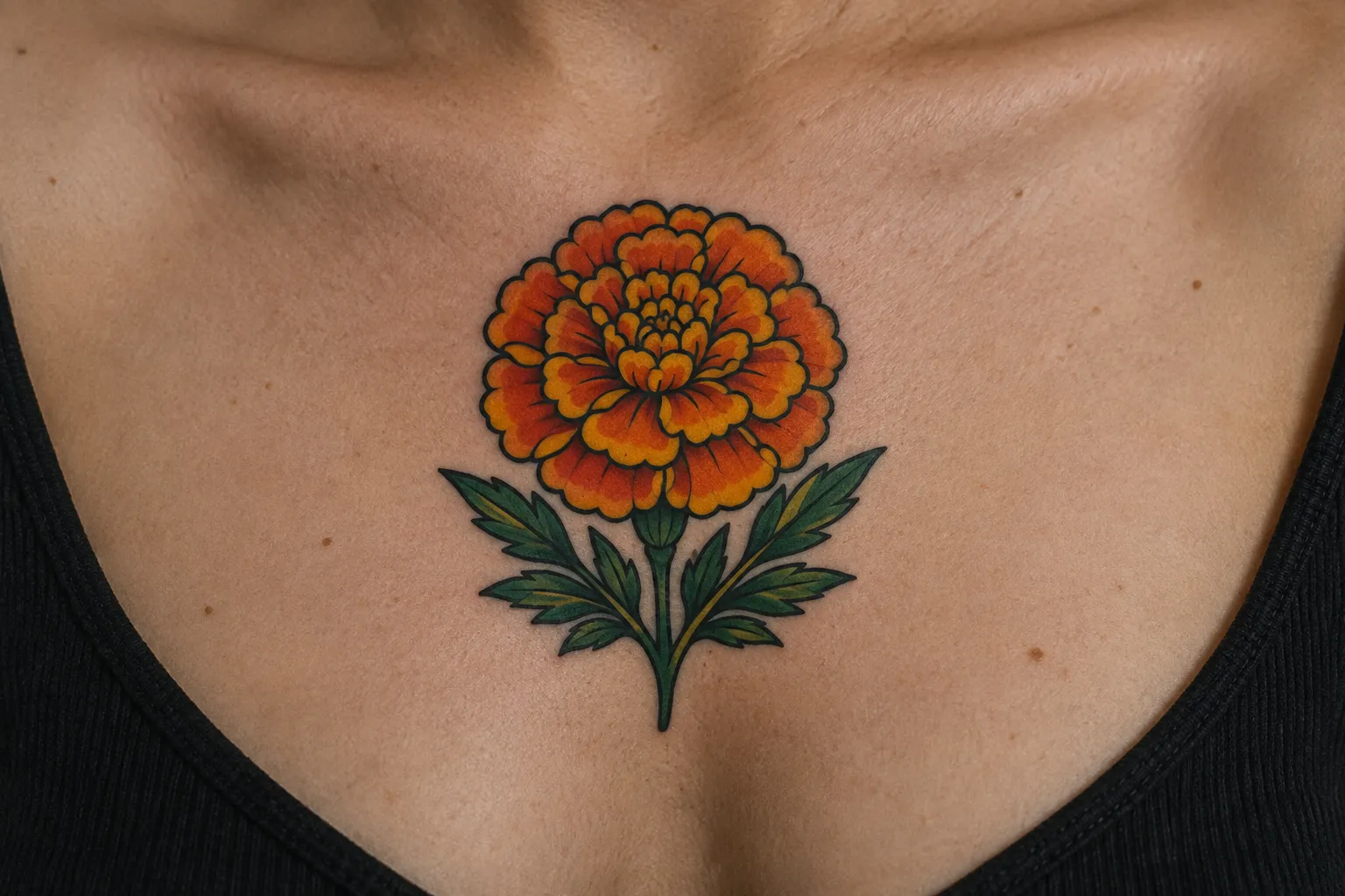 A person has a bright orange marigold tattoo on their upper chest.