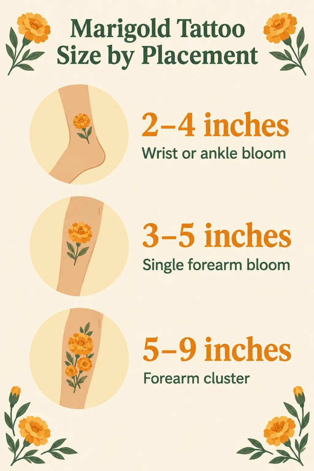 Suggested marigold tattoo sizes: wrist or ankle, 2-4 inches; single forearm bloom, 3-5 inches; forearm cluster, 5-9 inches.