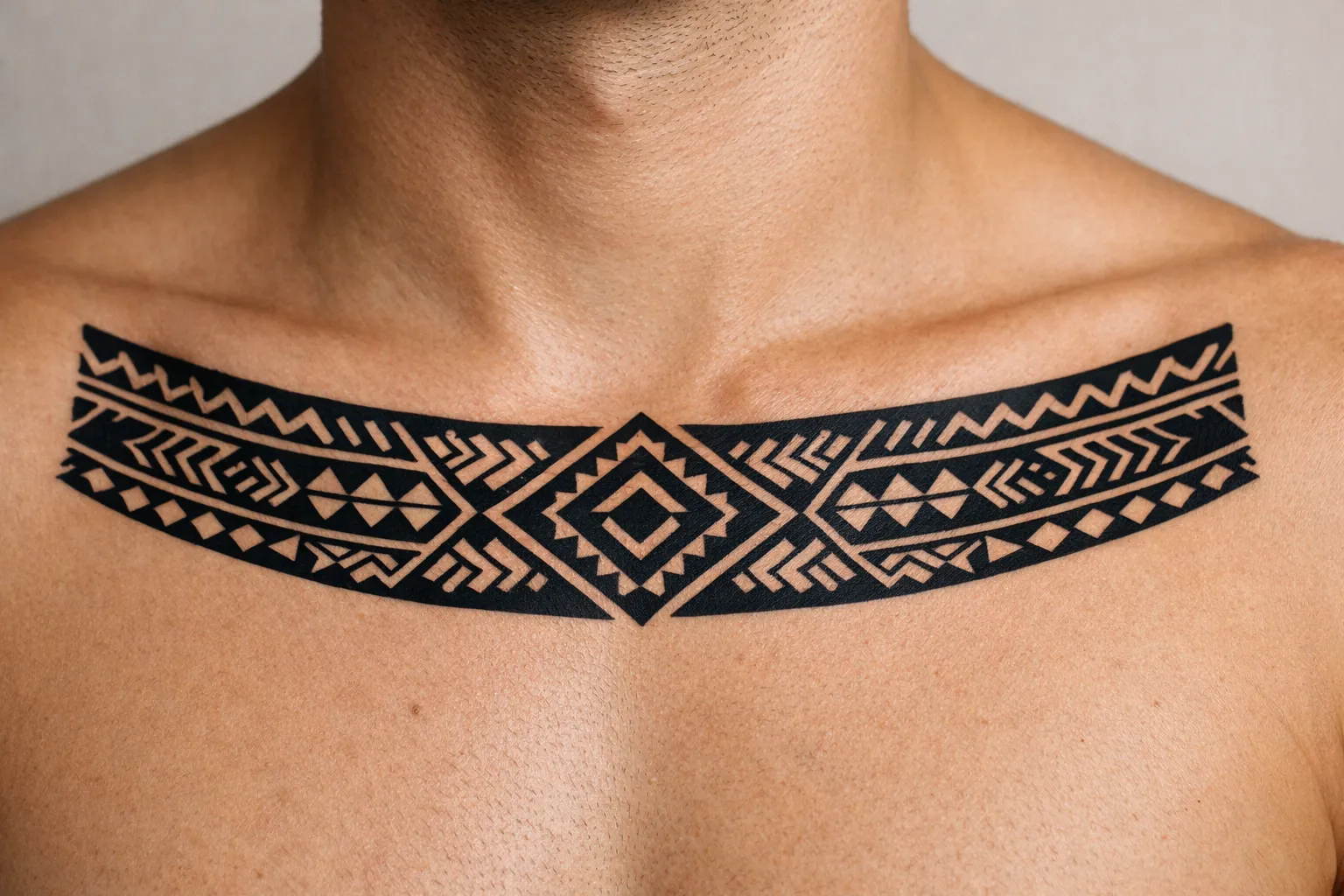 A person with a bold Marquesan-style geometric tattoo across their upper chest and collarbones.