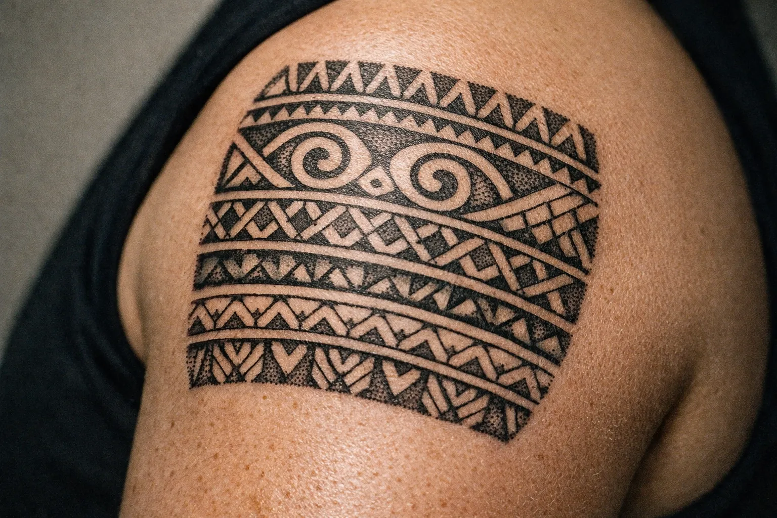 A Marquesan-inspired geometric tattoo on a person's upper arm.