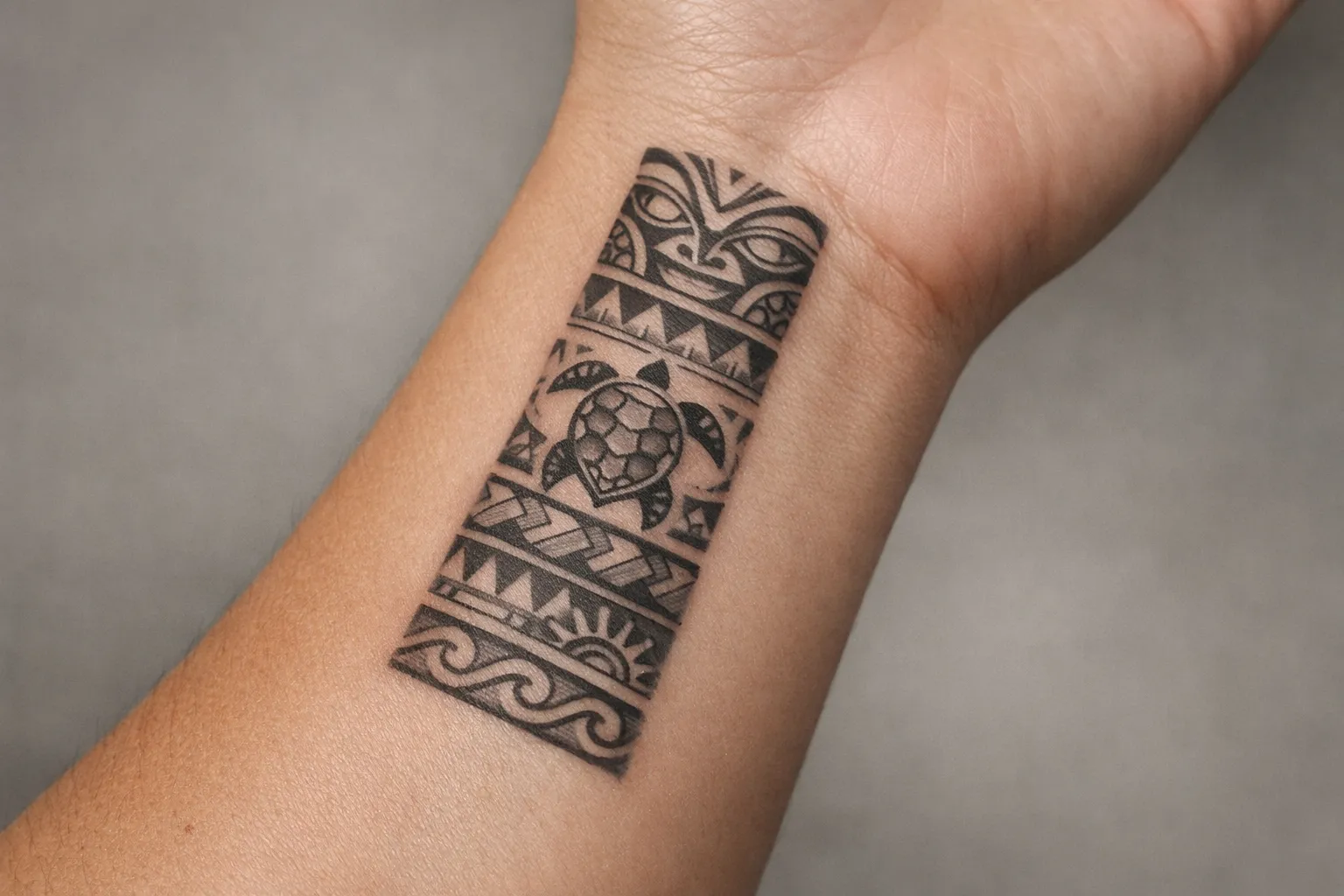 A geometric Marquesan tattoo is inked on a person's inner forearm.