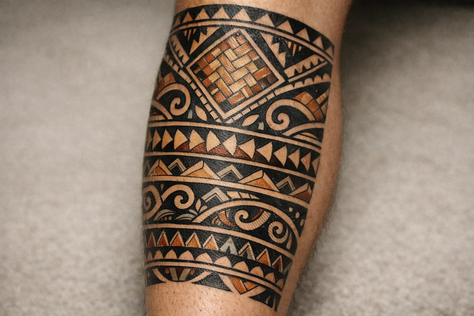 A person's lower leg with a large Marquesan tattoo featuring bold geometric and tribal patterns.