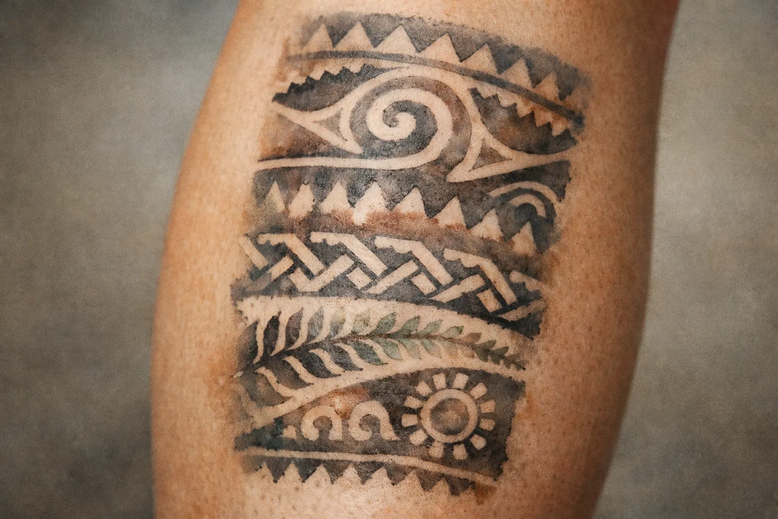 A person's leg with a Marquesan-style black geometric tattoo on the calf.