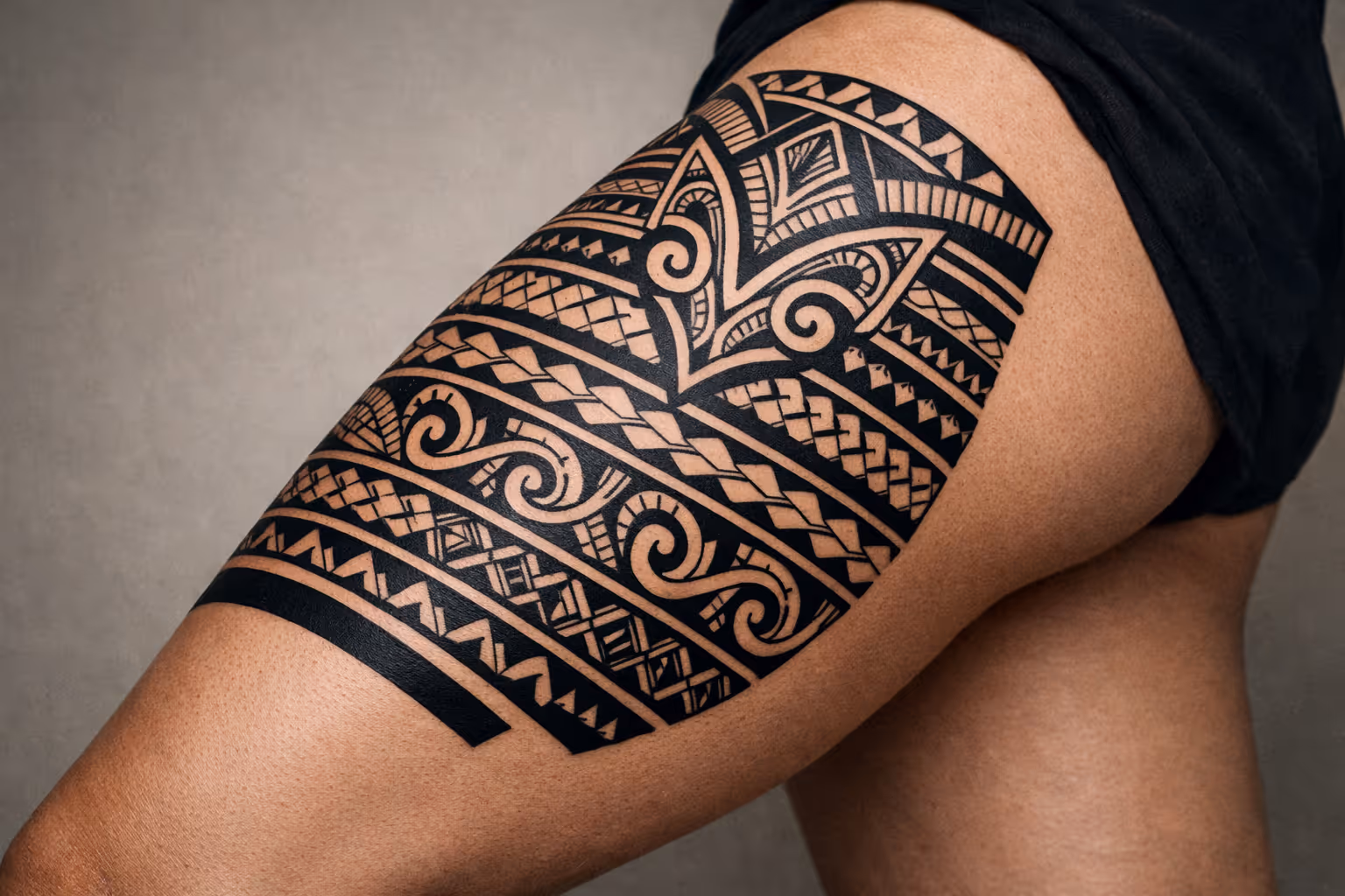 A person displays a large Marquesan-style tattoo covering their upper thigh against a plain background.