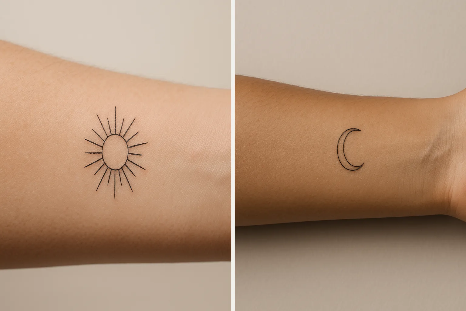 Two forearms side by side, one with a fine-line sun tattoo and the other with a matching crescent moon.