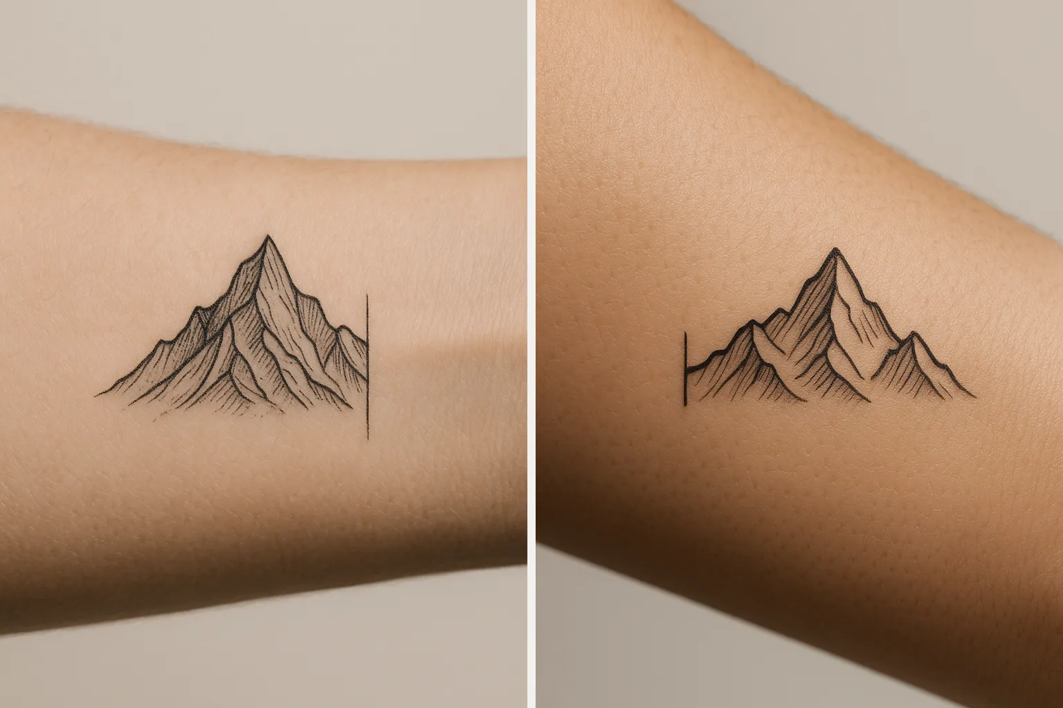 A fine-line mountain design split in half across two forearms, each person carrying one side of the same tattoo.