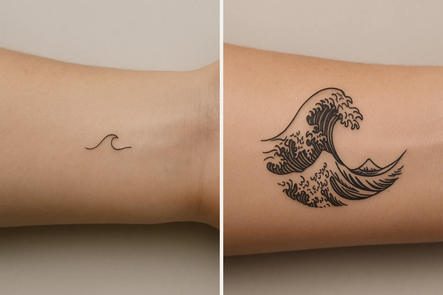 The same wave design at two very different scales, tiny on one wrist and large on the other forearm.