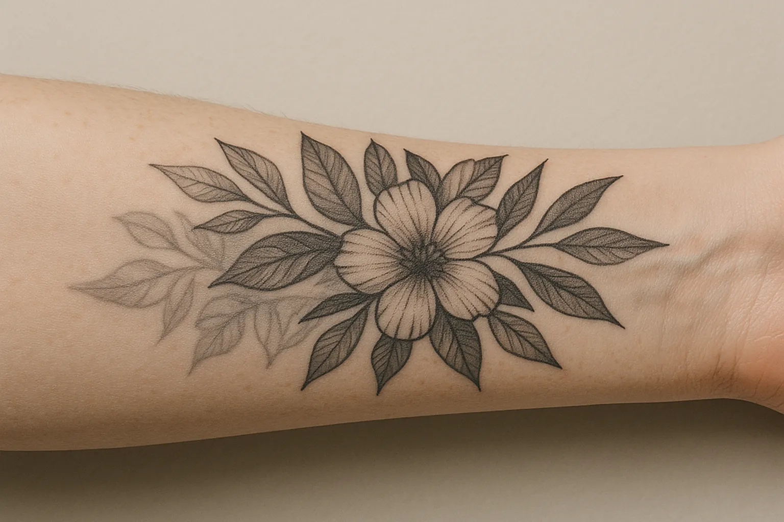 A dense botanical cover-up worked over an older faded tattoo, traces of the previous linework still visible.