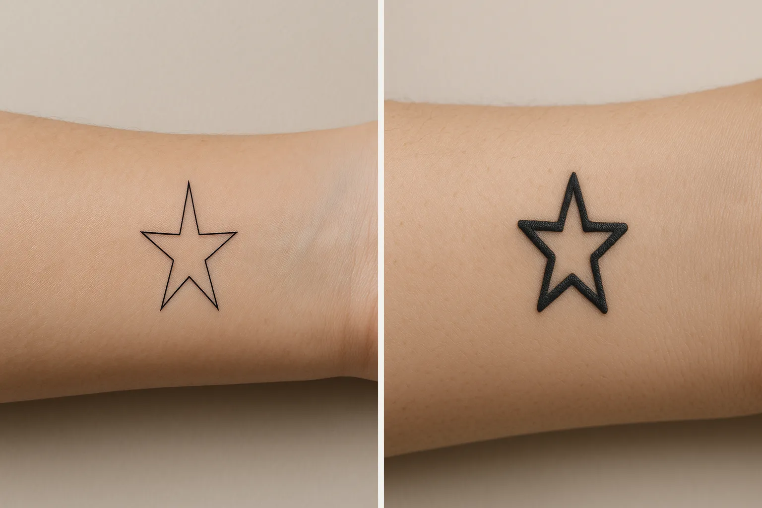 The same star tattoo drawn by two different hands, one in crisp hairline work and the other in heavier uneven lines.