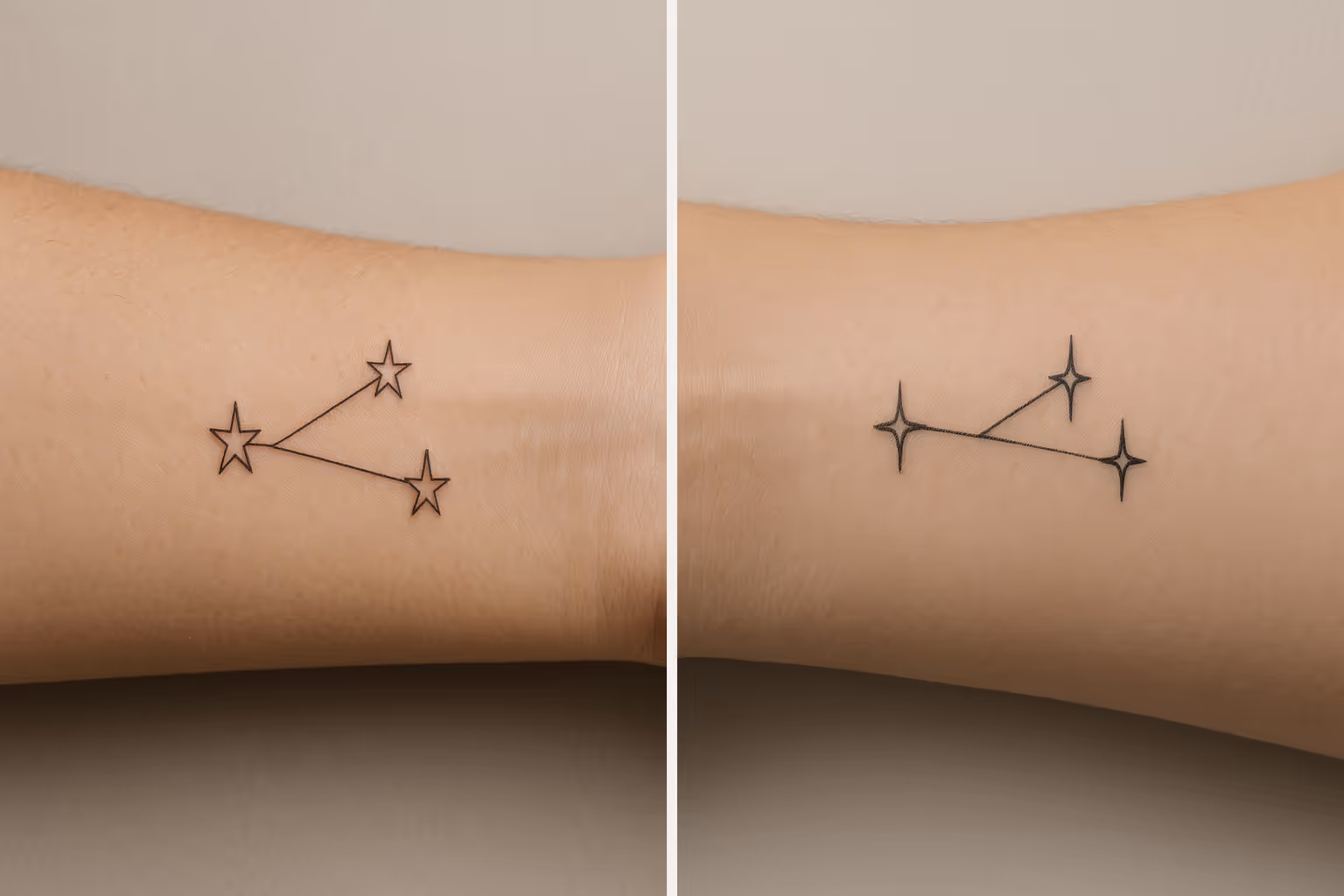 Two forearms side by side, each with the same small fine-line constellation tattoo of three stars joined by a thin line.