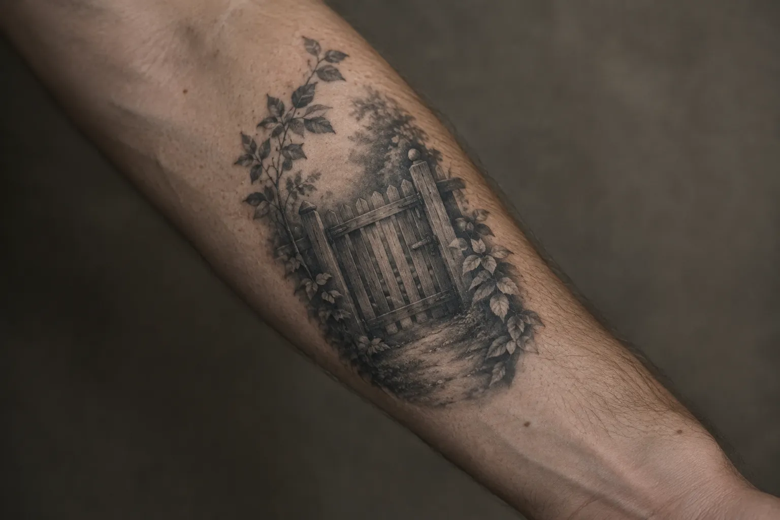 A leafy garden gate tattoo covers a person's forearm.