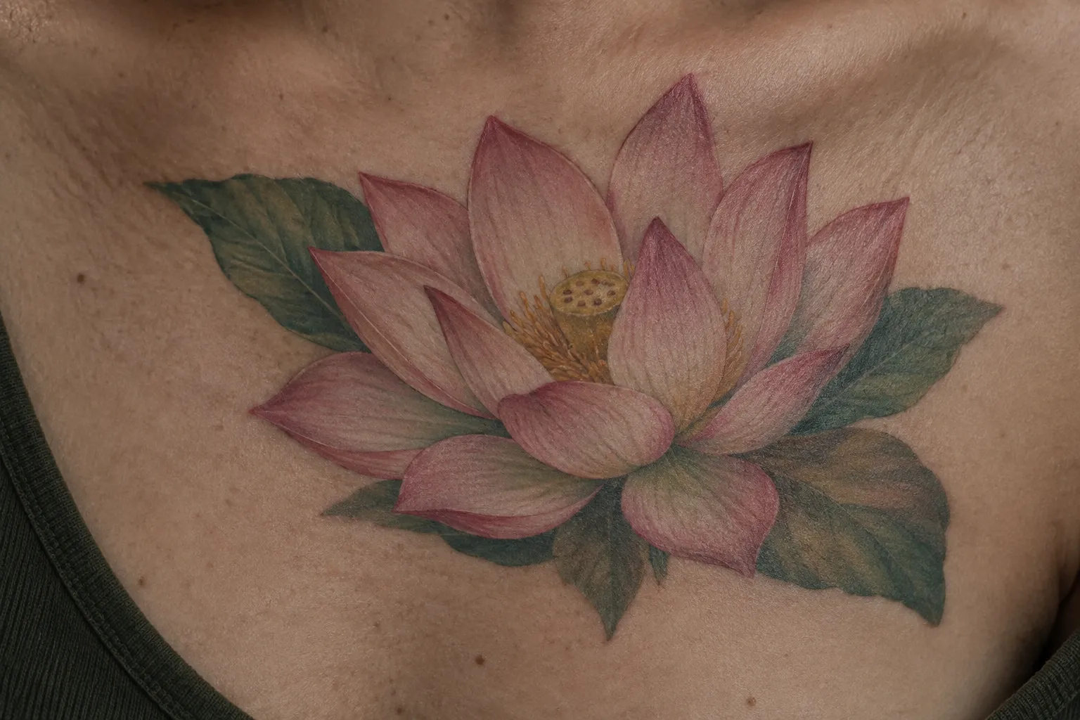 A pink lotus flower tattoo with green leaves spans a person's upper chest.