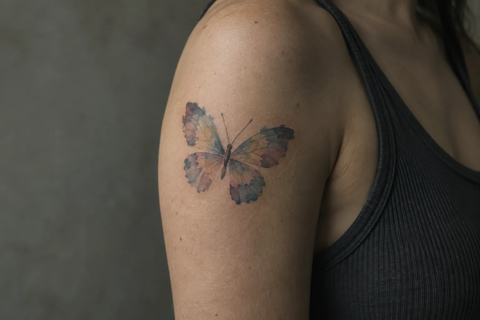 A person with a butterfly tattoo on their upper arm against a plain background.