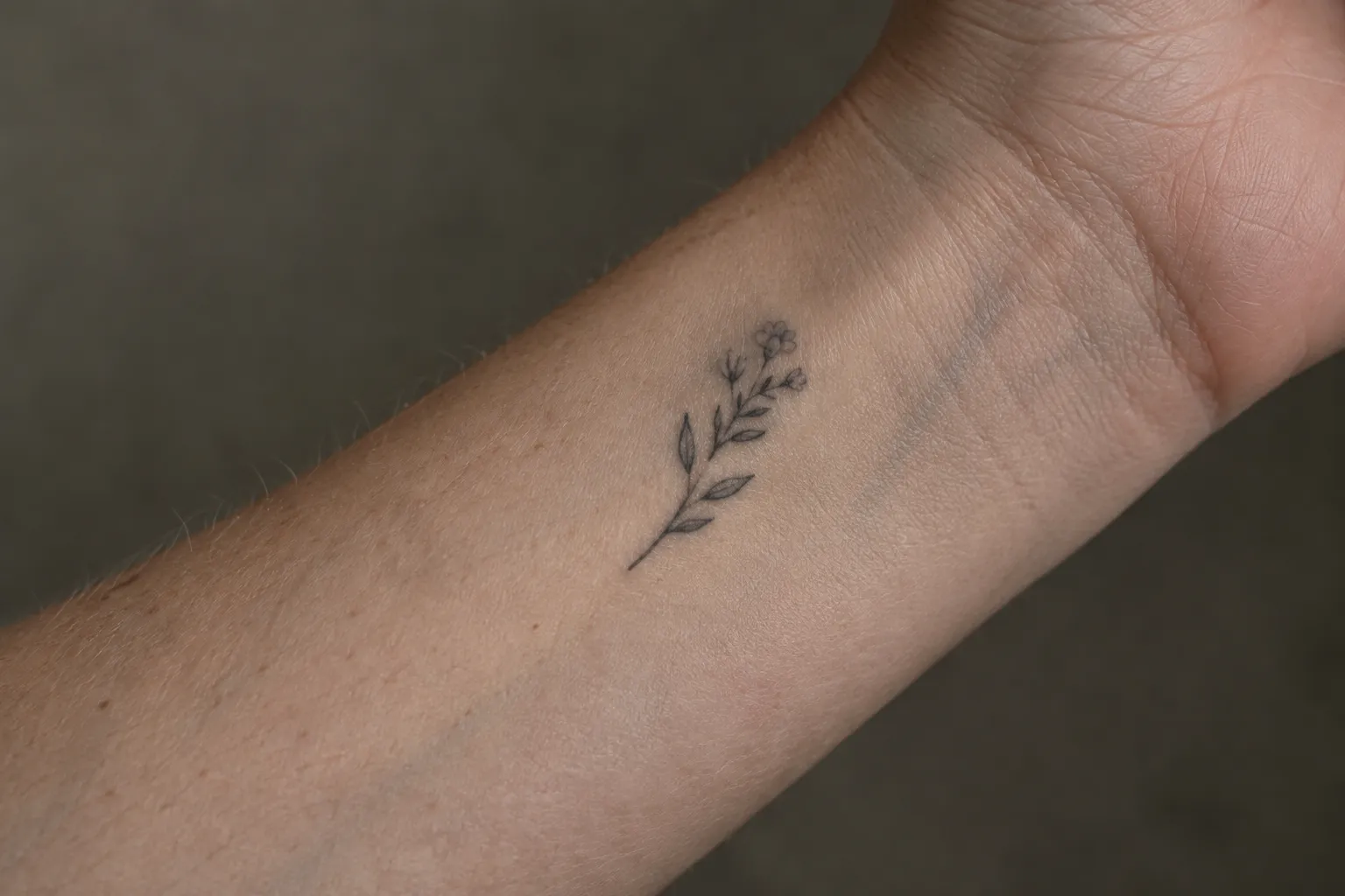 A small sprig tattoo with leaves and a flower on the inner forearm.