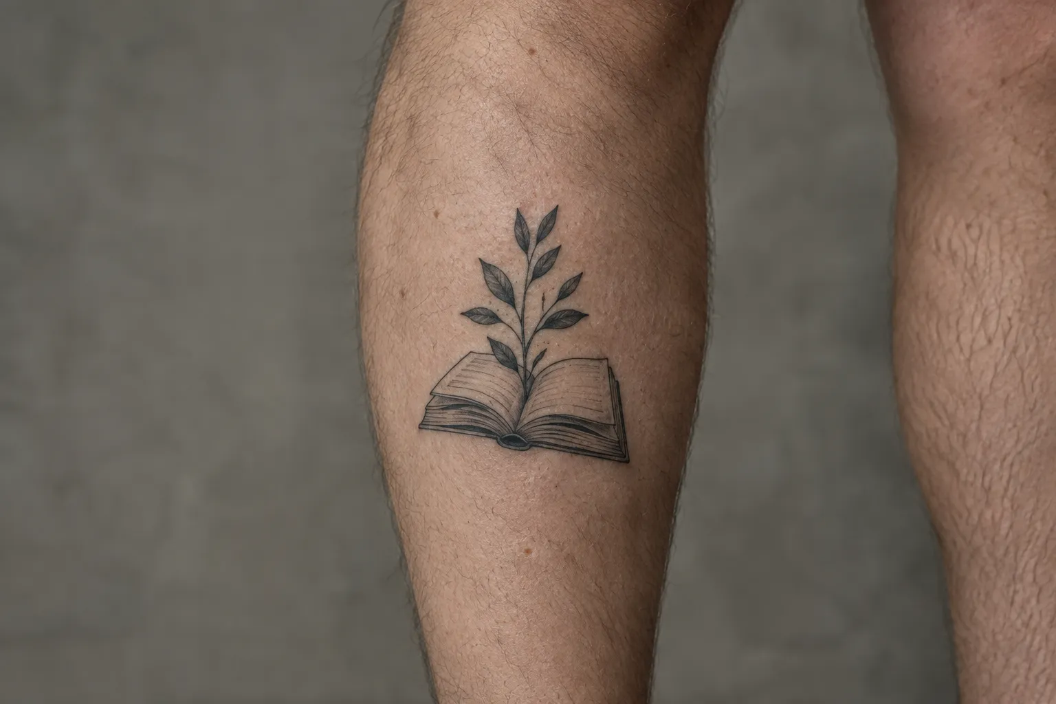 A leafy branch grows from an open-book tattoo on a person's calf.