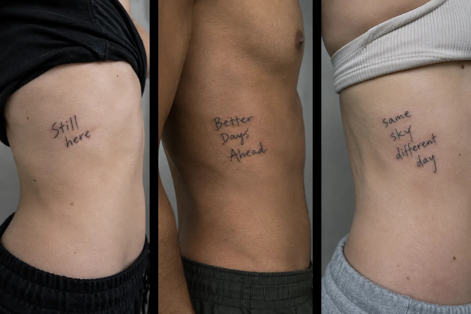 Three people show handwritten phrase tattoos on their side torsos.