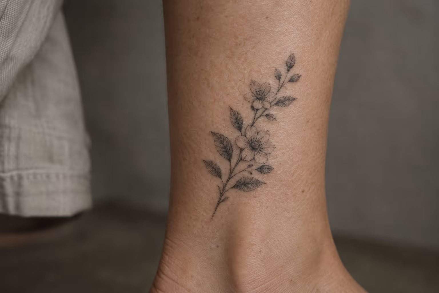 A person's ankle with a delicate floral branch tattoo indoors.