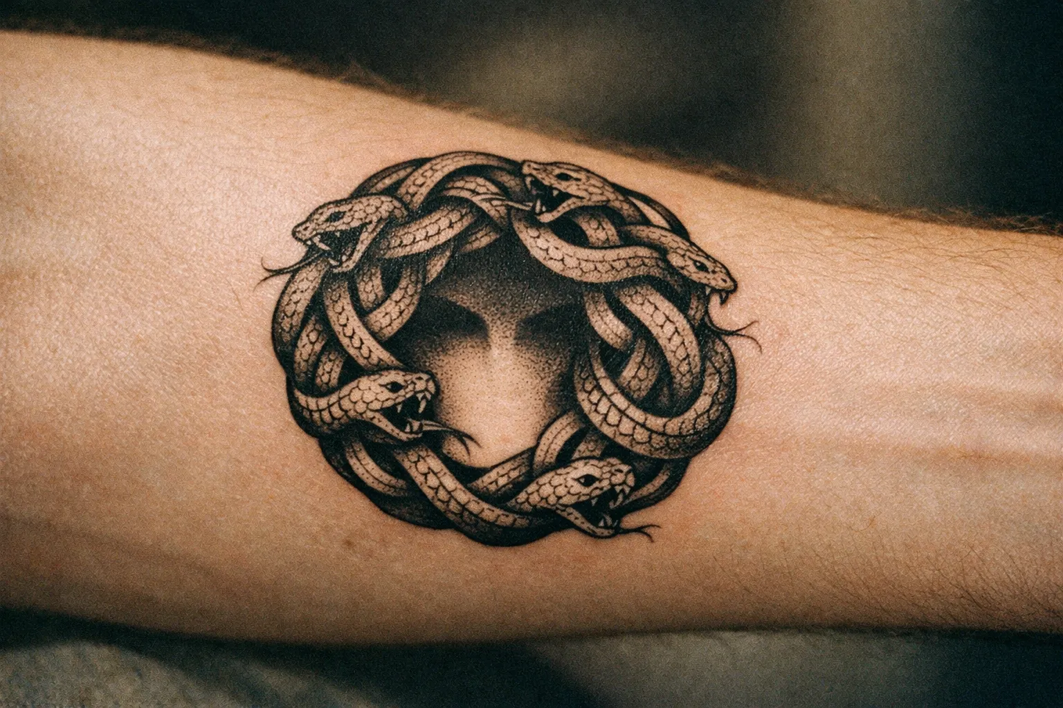 A forearm tattoo showing a circular Medusa motif formed by interwoven snakes; no facial features.